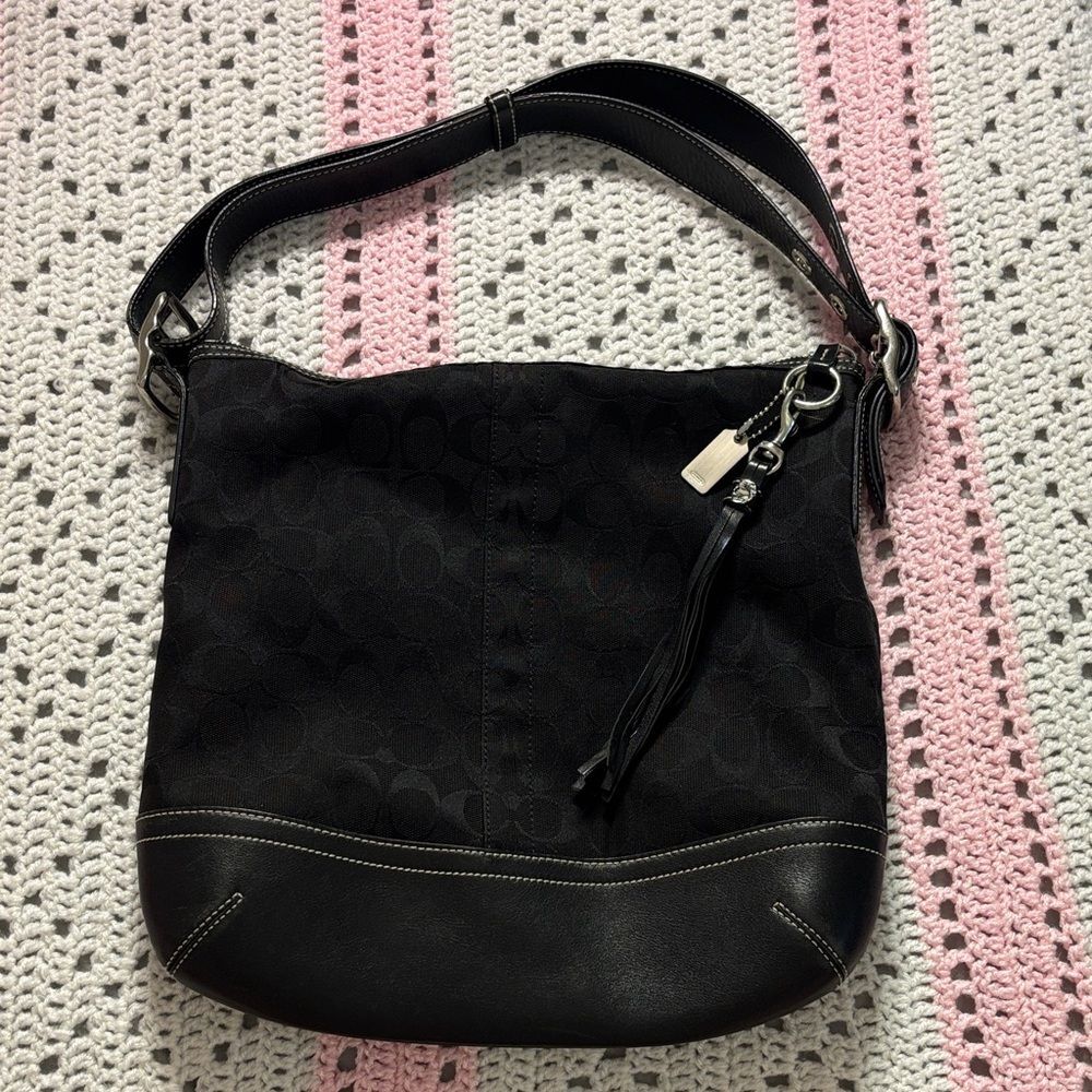 Coach Signature C Black Hobo Saddle Bag Tassel Silver